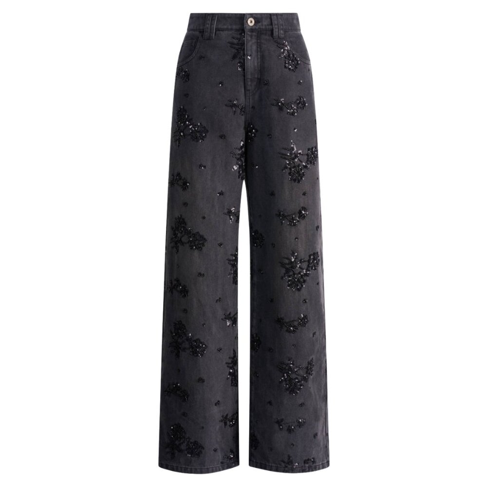 Hand Beaded Rose Embellished Straight Leg Jeans, Black, Size L